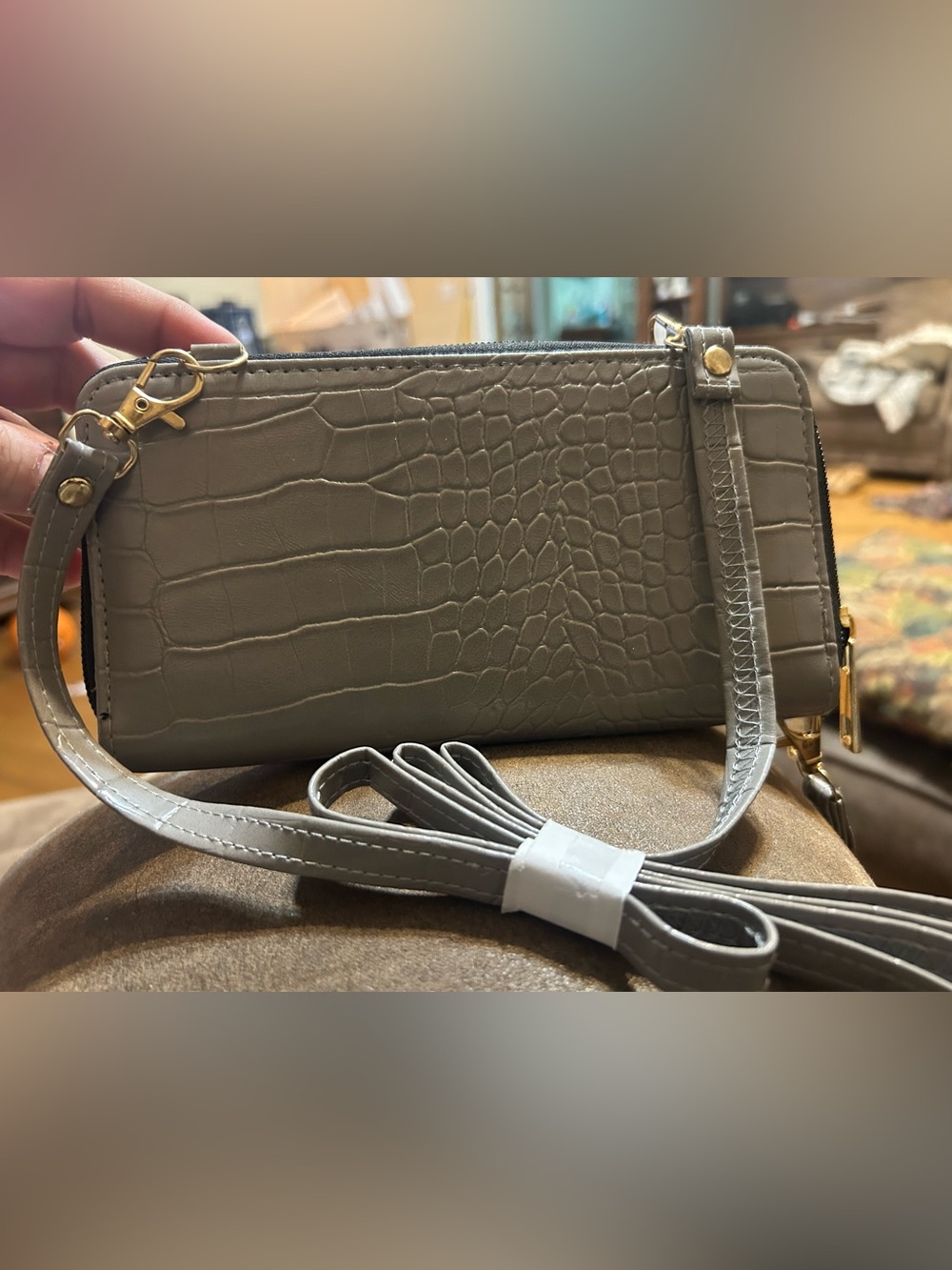 Gray Croc-Embossed Crossbody Wallet —New